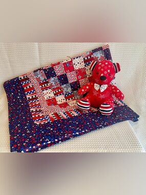 New Handmade Stars & Stripes Tied Patchwork Quilt & Matching Bear US 250th #761